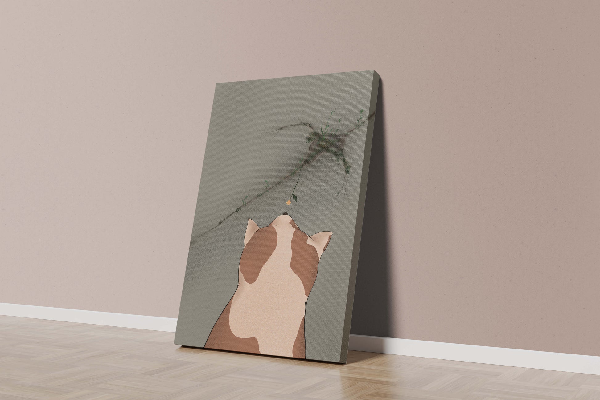 Chat observant une fleur poussant sur un mur fissuré