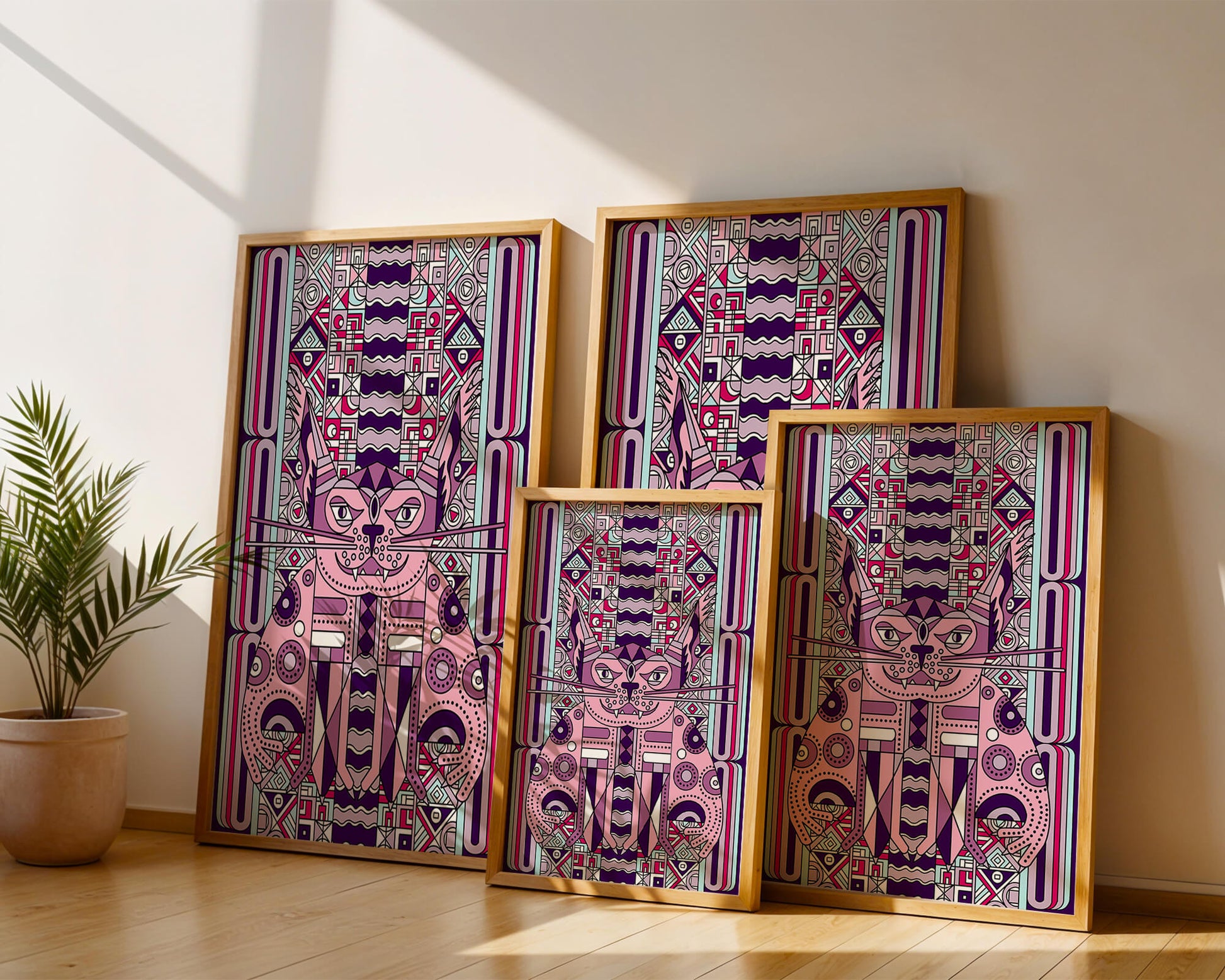 Art de chat géométrique coloré avec motifs abstraits en tons pastel