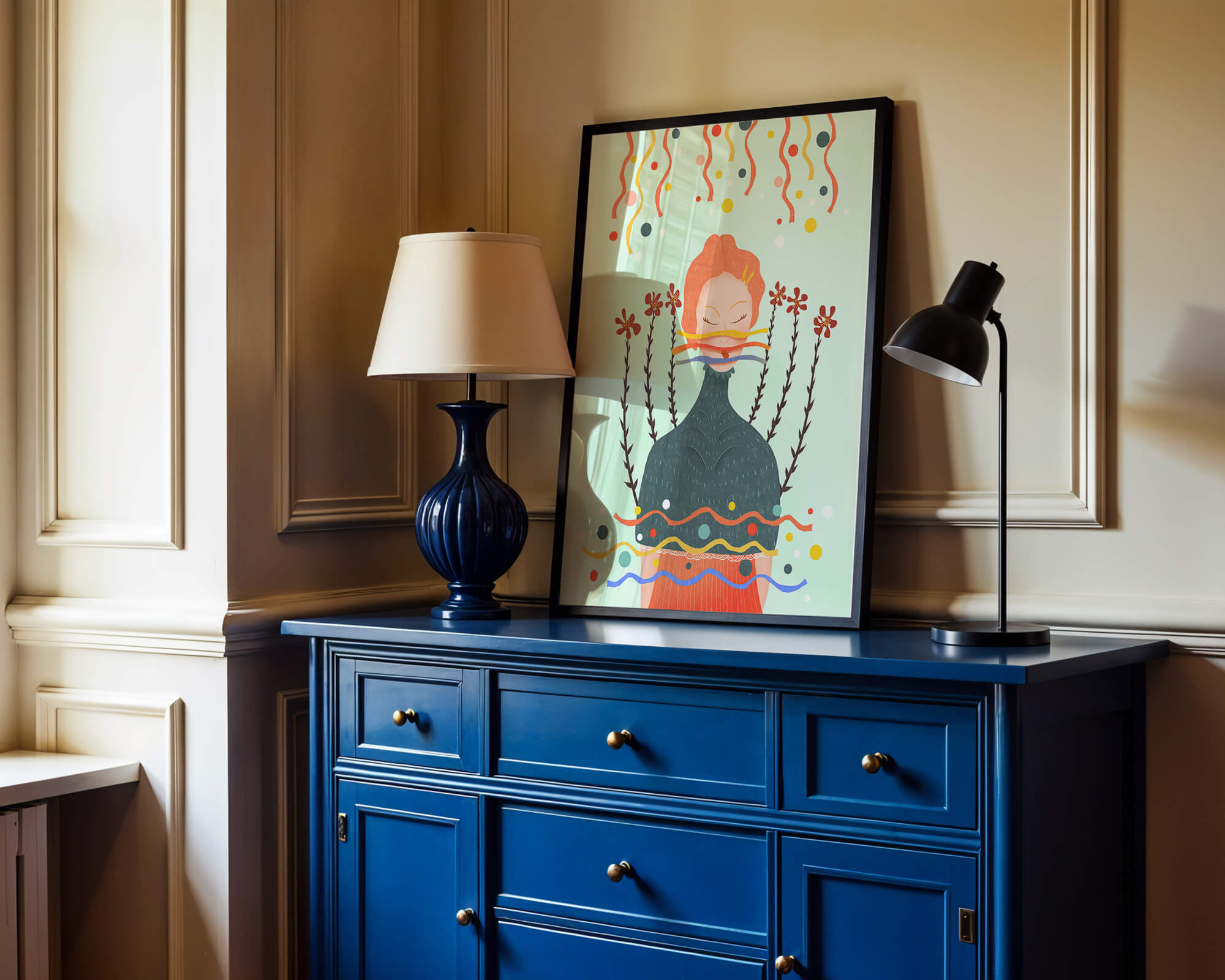 Whimsical Abstract Art of a Woman with Flowers and Streamers - Mi tienda