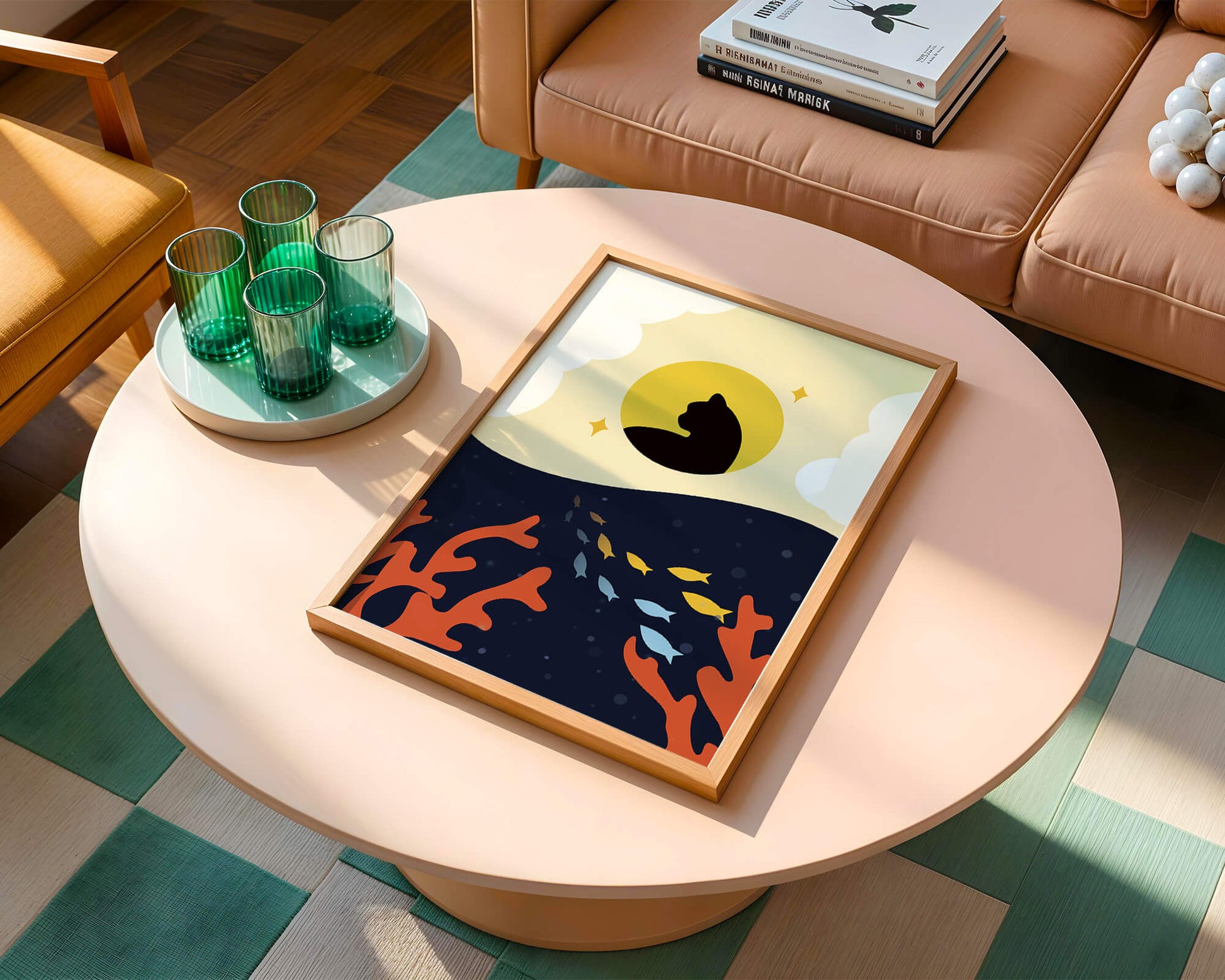 Ruhiges abstraktes Design mit Katzensilhouette und lebendiger Unterwasserszene