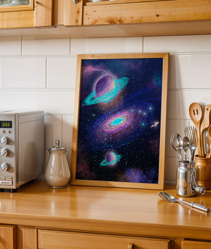 Colorful space illustration with planets and galaxy