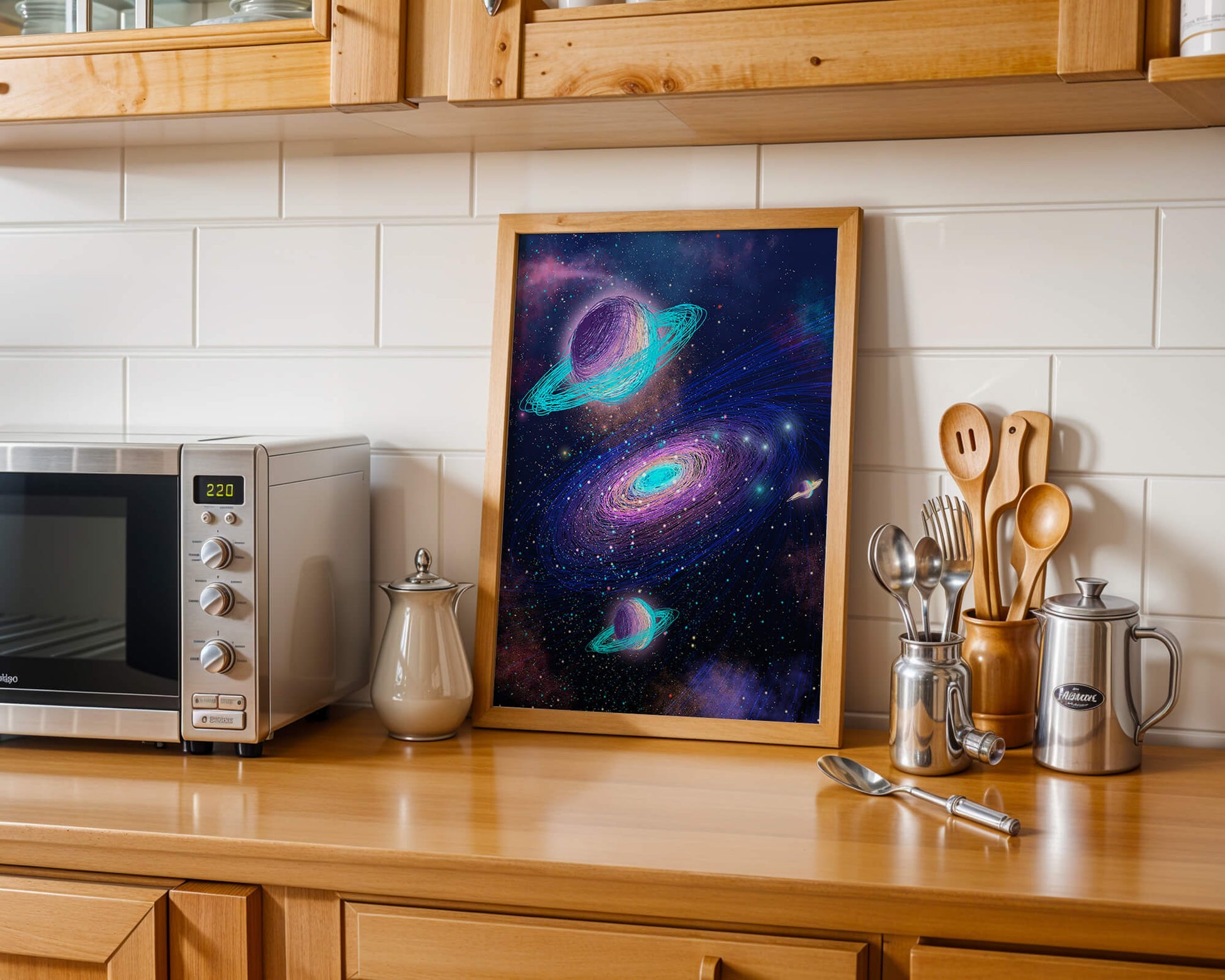 Colorful space illustration with planets and galaxy