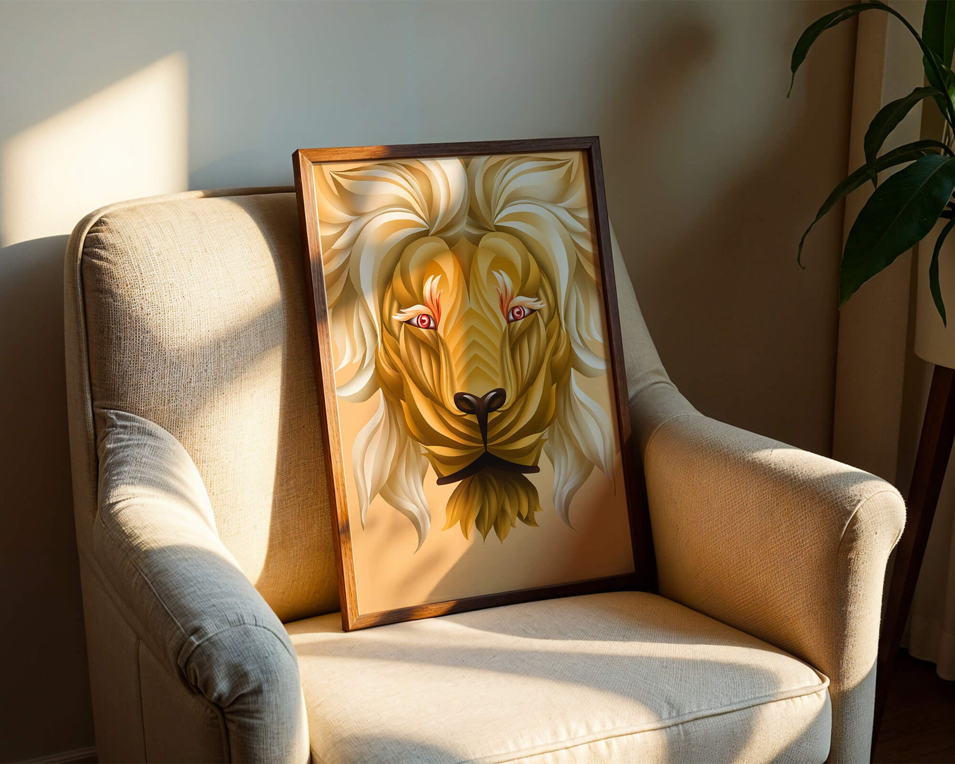 Lion Face with Intricate Golden Pattern and Flowing Mane