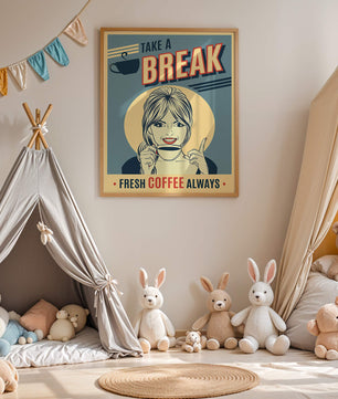 Retro Coffee Break Poster with Woman Holding a Cup - Mi tienda