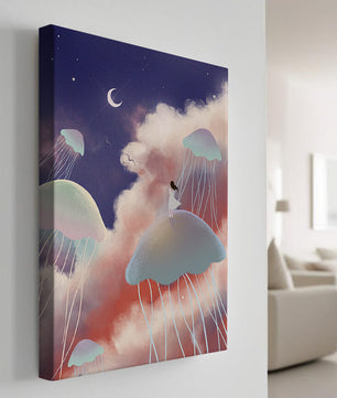 Dreamy Scene with Floating Jellyfish and Moonlit Sky