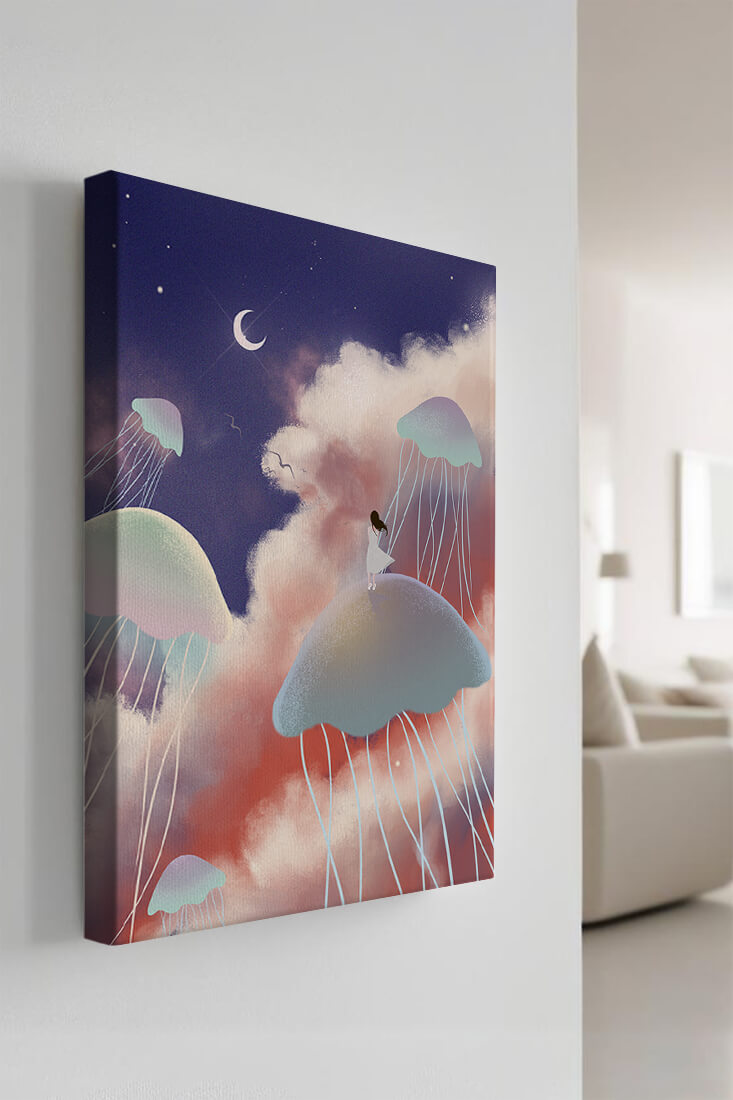 Dreamy Scene with Floating Jellyfish and Moonlit Sky