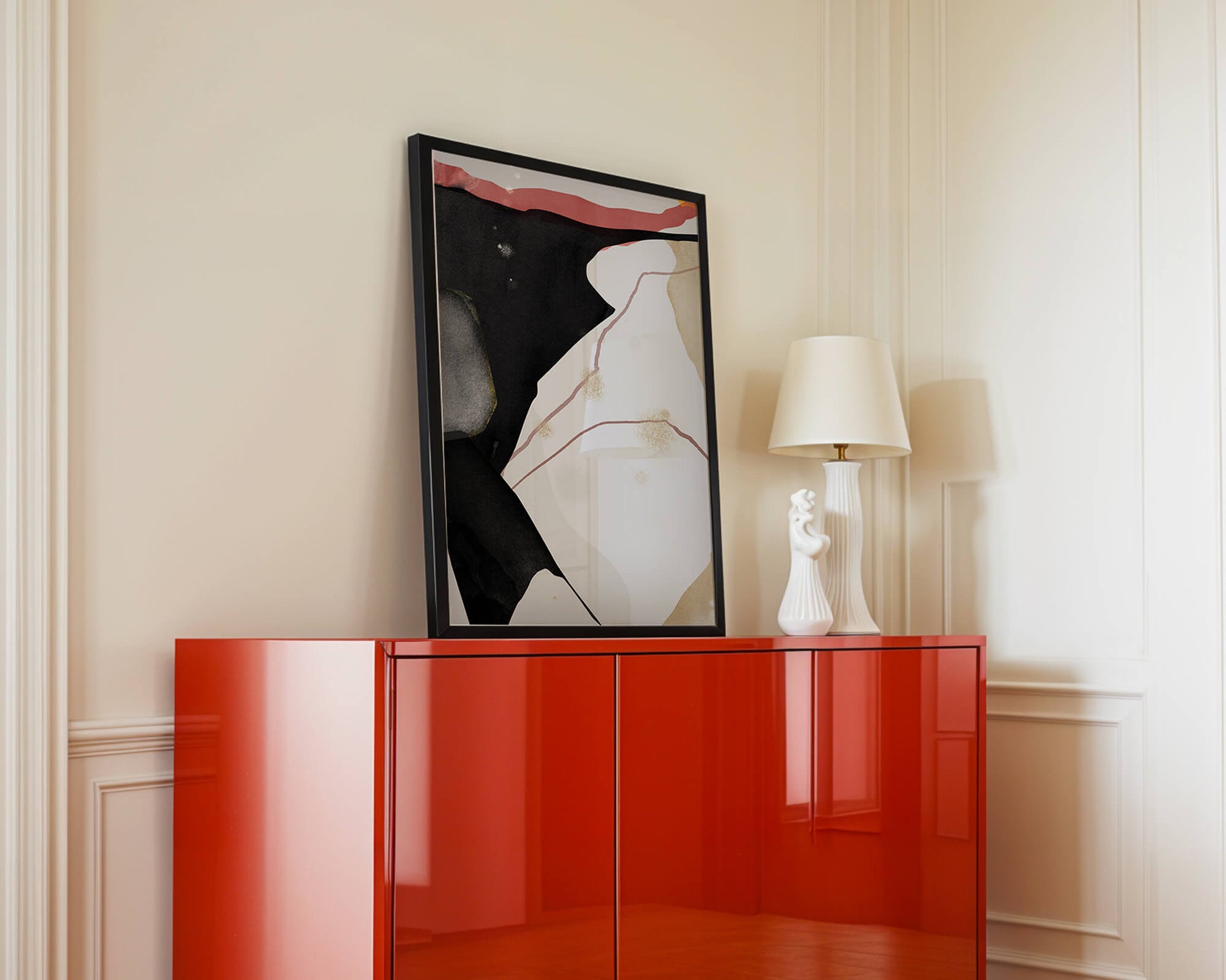 Abstract Composition with Bold Black and Subtle Gold Accents