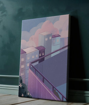 Urban Pastel Scene with Buildings and Pink Clouds