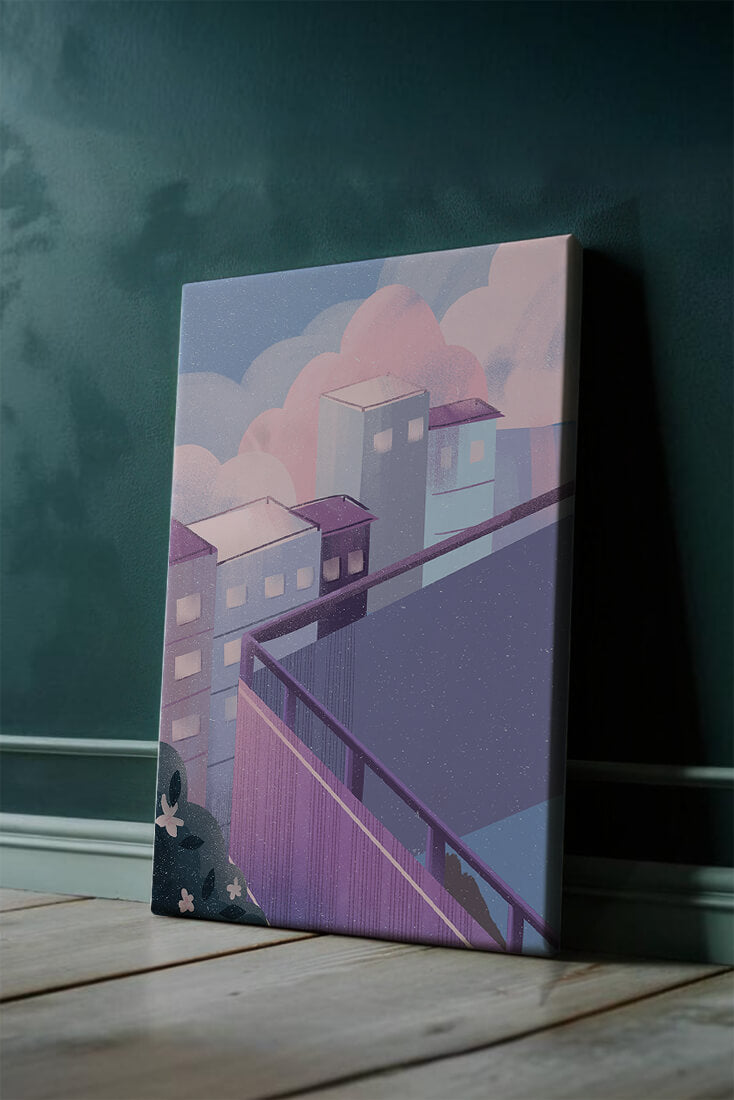 Urban Pastel Scene with Buildings and Pink Clouds