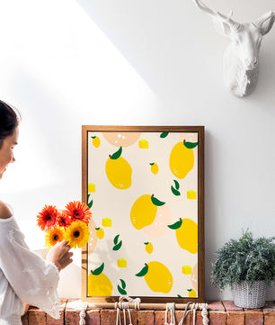 Playful lemon pattern with green leaves and abstract shapes