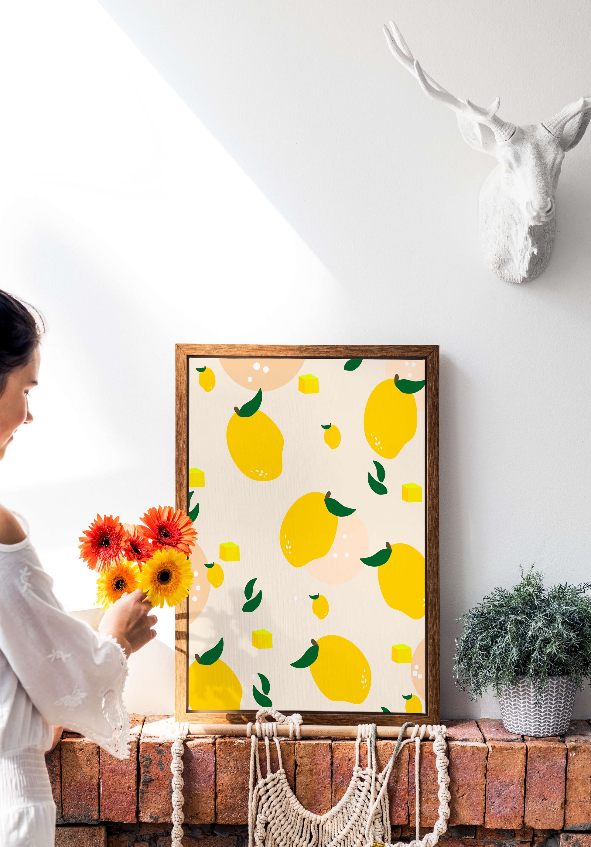 Playful lemon pattern with green leaves and abstract shapes