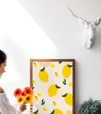 Playful lemon pattern with green leaves and abstract shapes