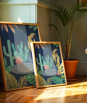 Ilustración botánica colorida con cactus y hojas tropicales