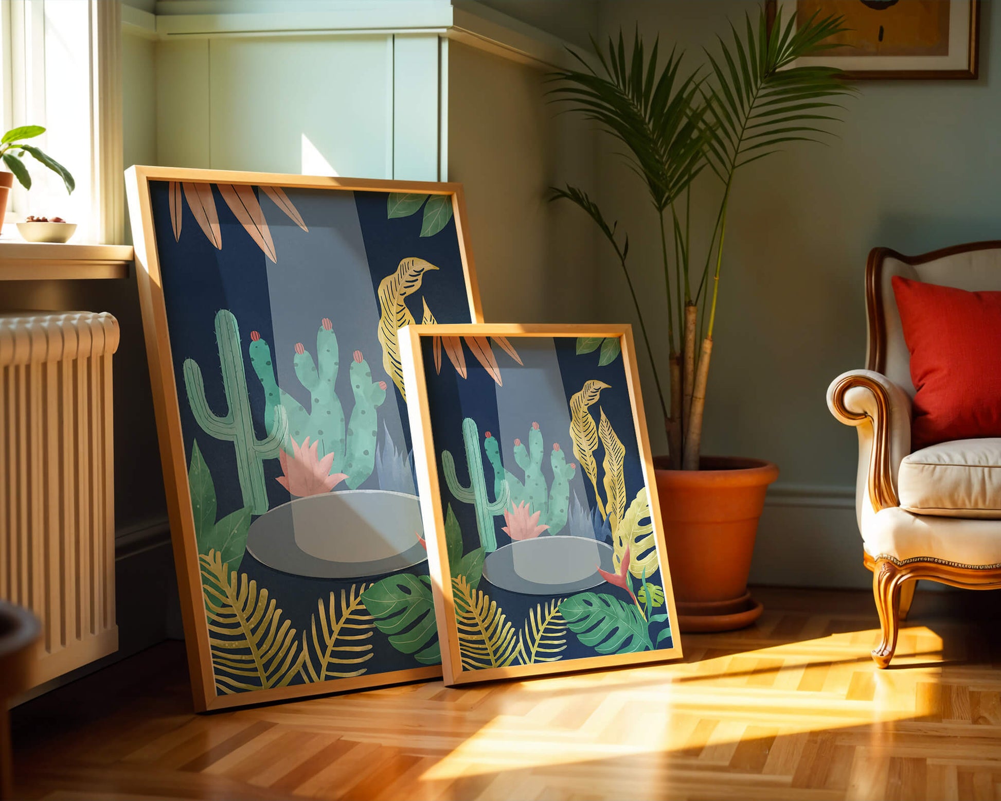 Colorful botanical illustration featuring cacti and tropical leaves