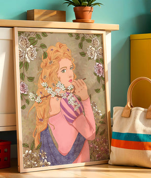 Ilustración floral romántica de una mujer con cabello largo y flores en flor