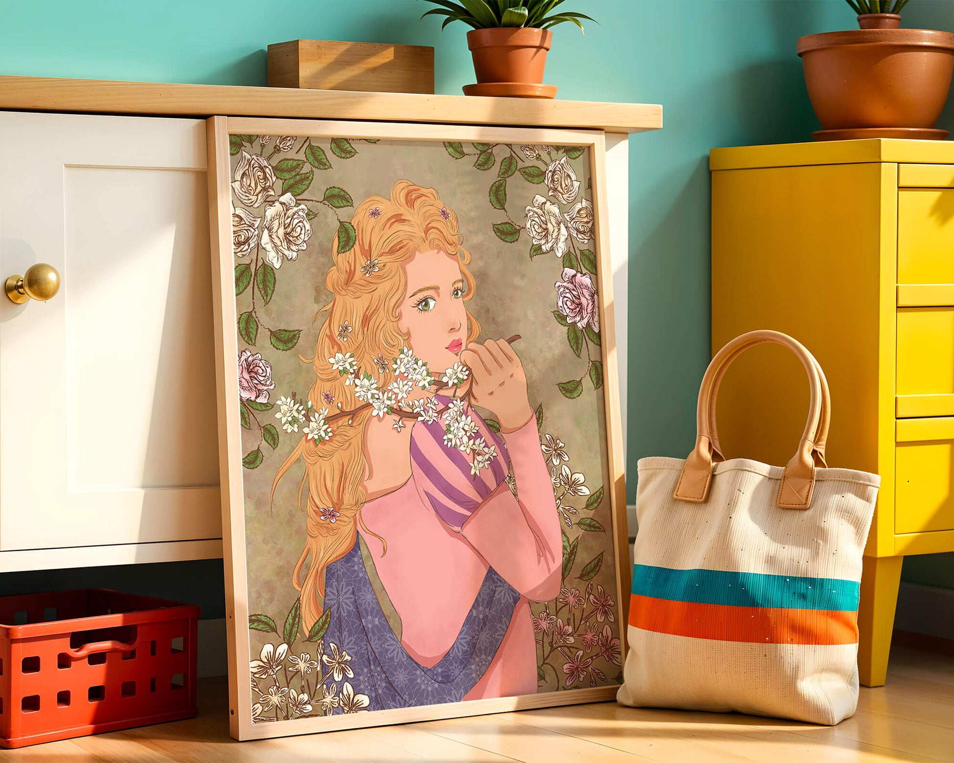 Ilustración floral romántica de una mujer con cabello largo y flores florecientes