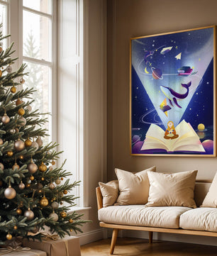 Imaginative galaxy scene with books and a child