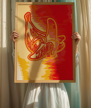 Abstract banana art with vibrant red and orange hues