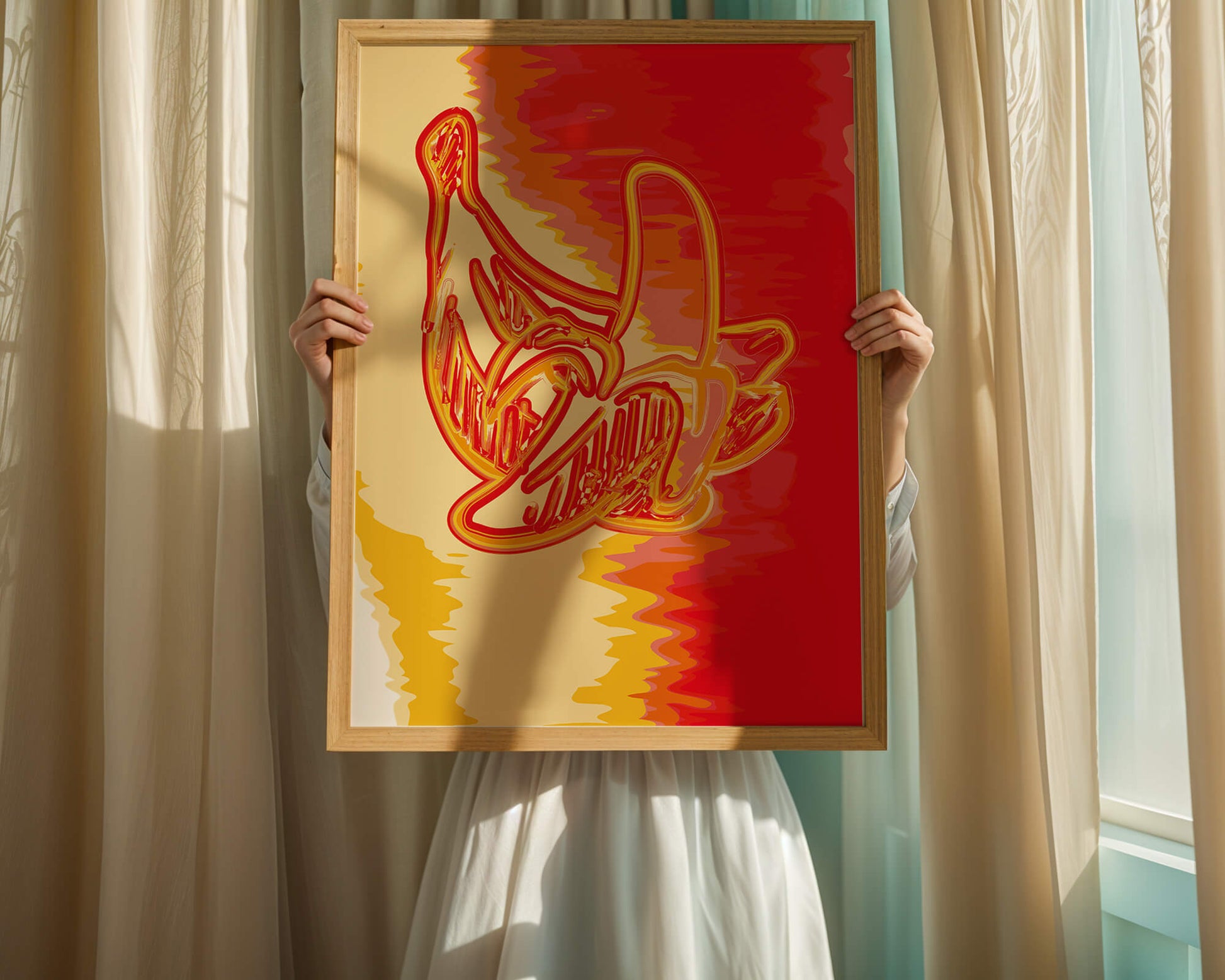 Abstract banana art with vibrant red and orange hues