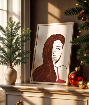 Ilustración estilizada de una mujer con cabello fluyendo y diseño minimalista