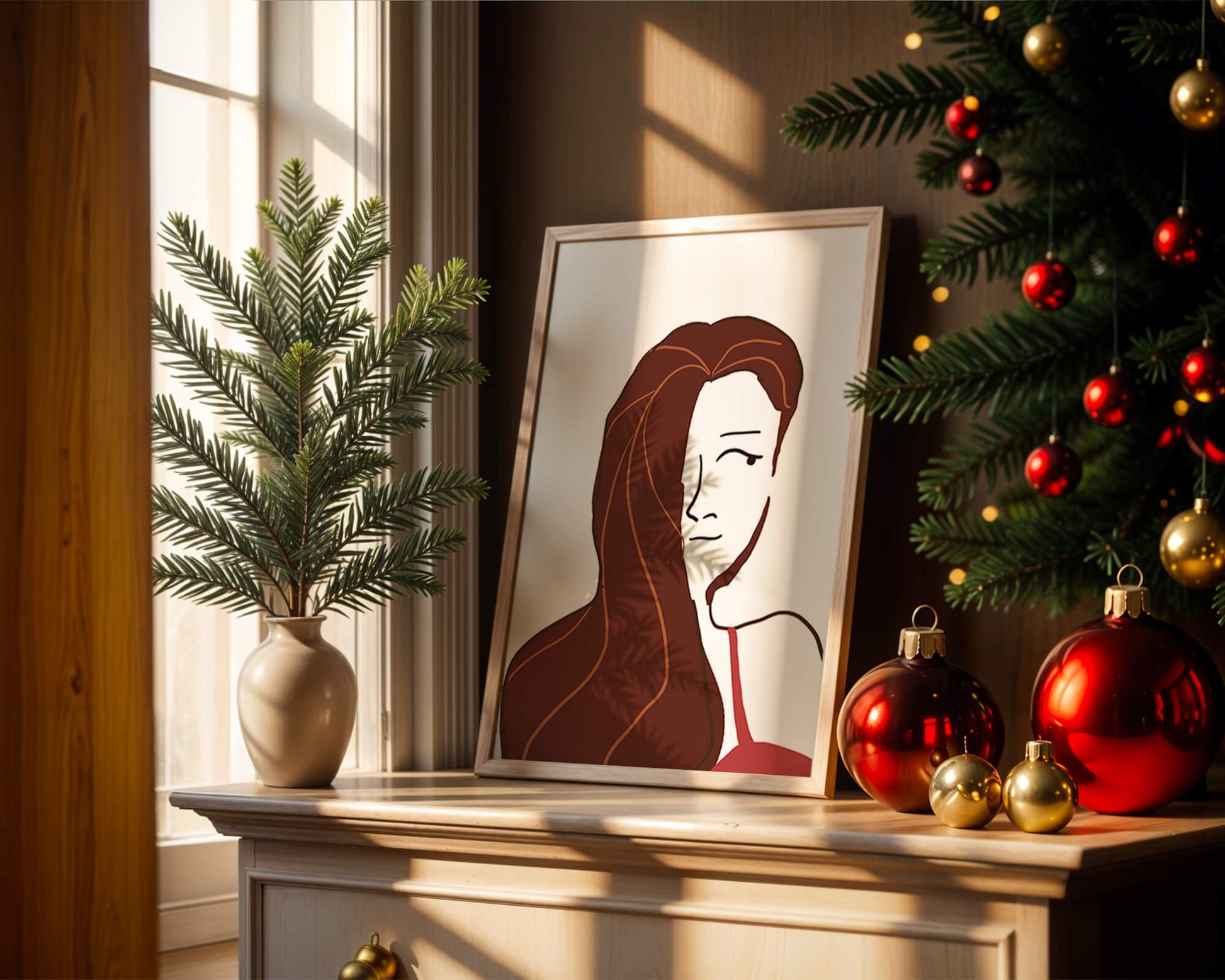 Ilustración estilizada de una mujer con cabello fluyendo y diseño minimalista