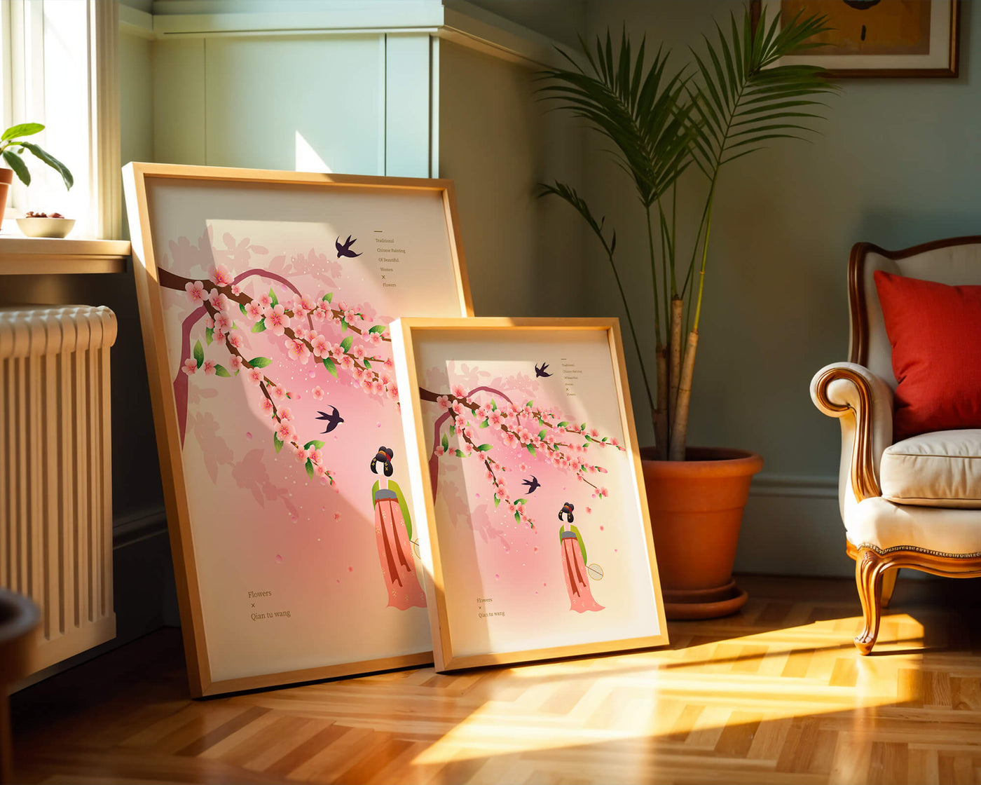 Traditional Chinese art with cherry blossoms and elegant figure