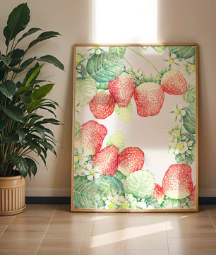 Ilustración de fresas y flores con hojas verdes exuberantes