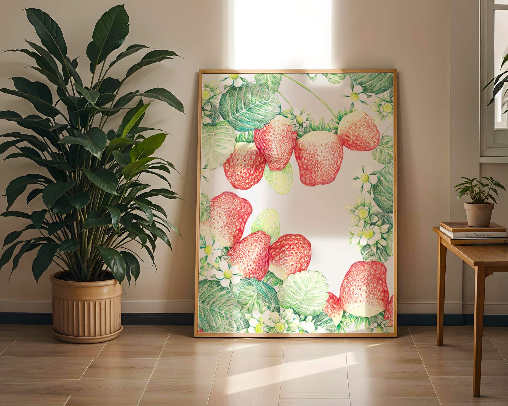 Illustration of strawberries and flowers with lush green leaves