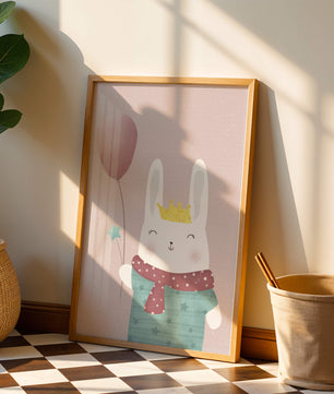 Ilustración adorable de un conejo con globo rosa y corona dorada