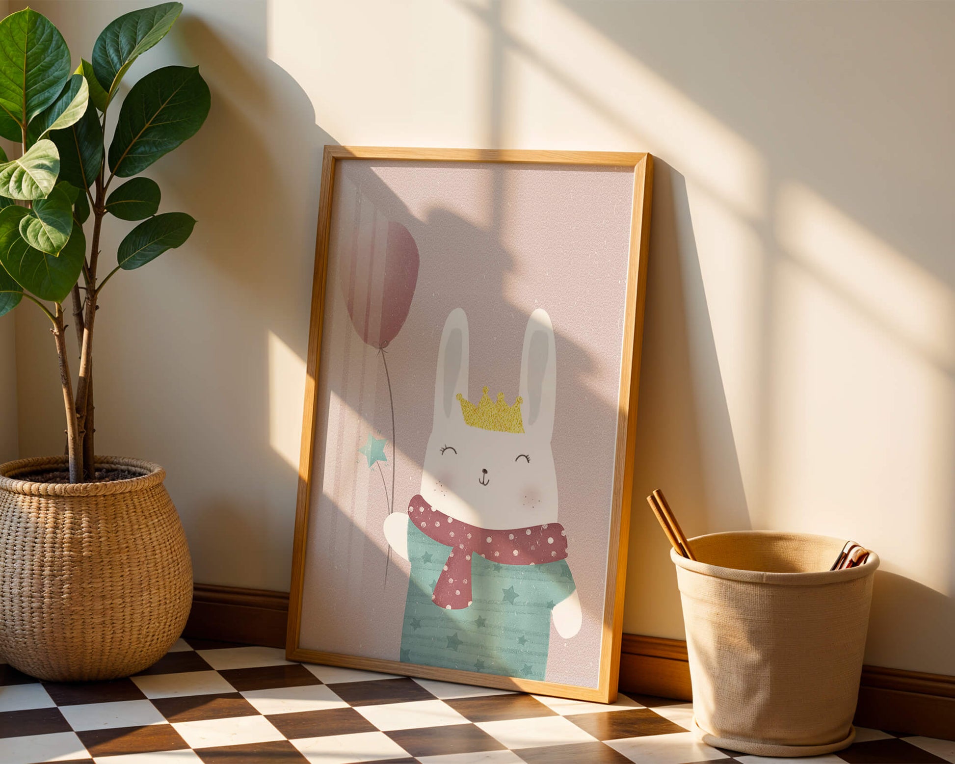 Adorable ilustración de conejito con globo rosa y corona dorada.