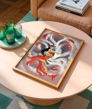 Graceful fantasy fox spirit with flowing tails and red attire in mystical clouds