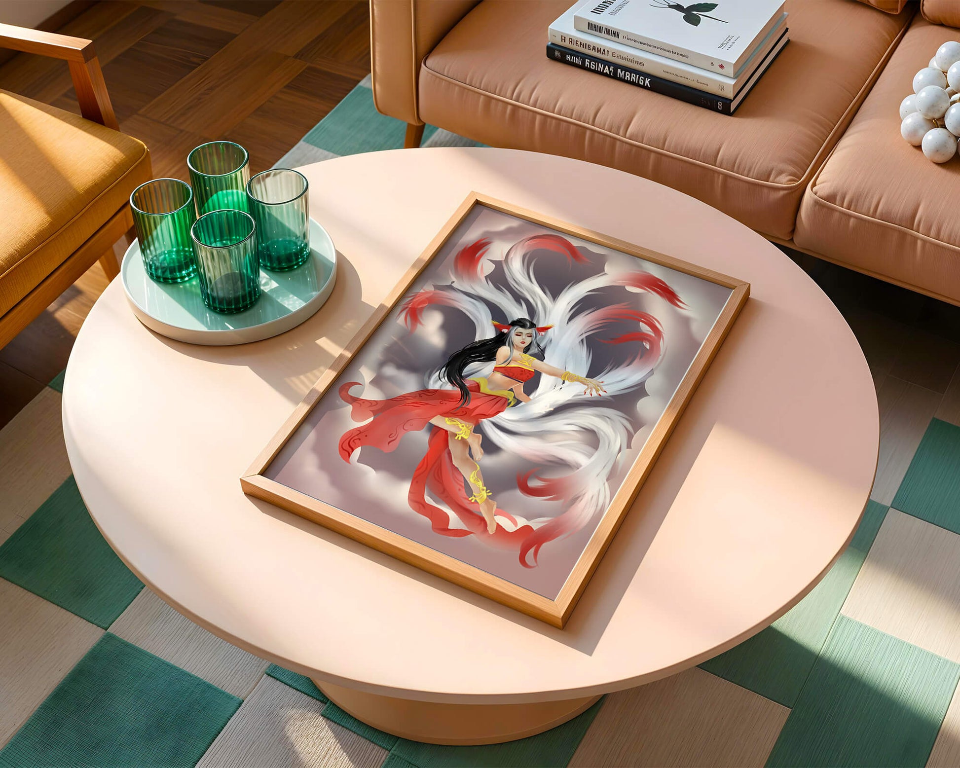 Graceful fantasy fox spirit with flowing tails and red attire in mystical clouds