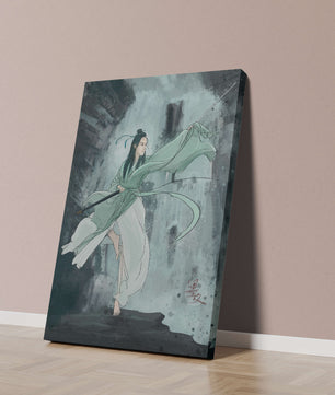 Dynamic illustration of a warrior in flowing robes with a spear