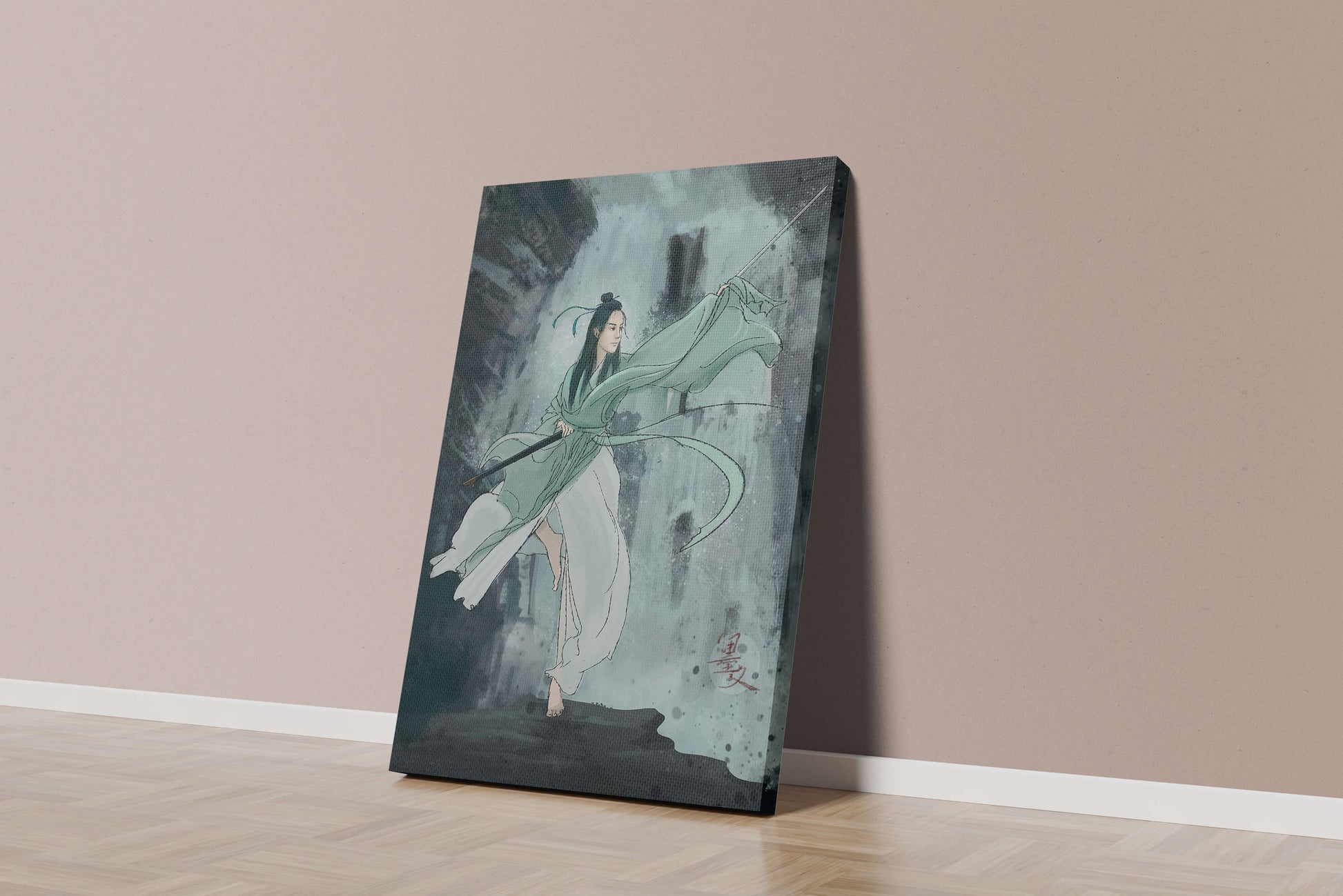 Dynamic illustration of a warrior in flowing robes with a spear