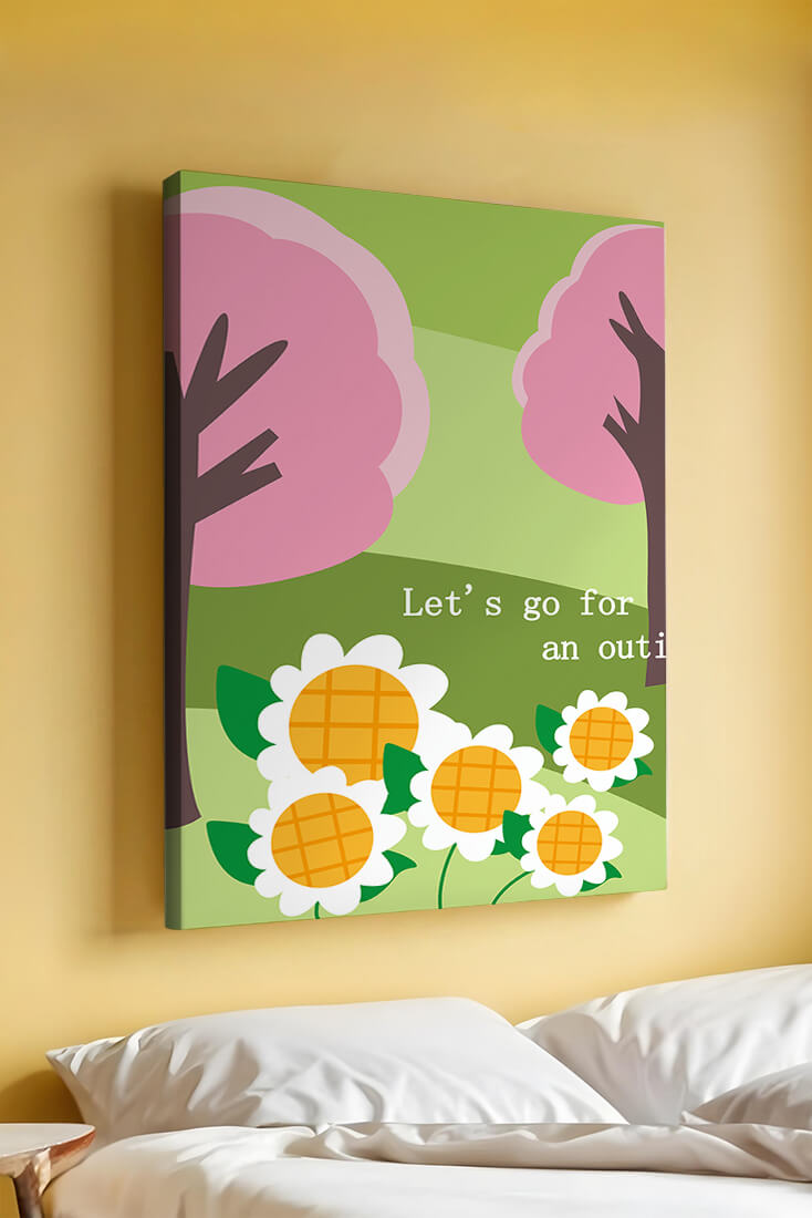 Charming spring landscape with pink trees and daisies