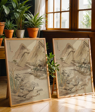 Paisaje sereno con montañas y río en estilo tradicional