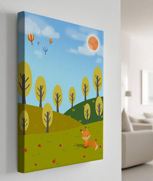 Whimsical landscape with hot air balloons and a fox in autumn scenery