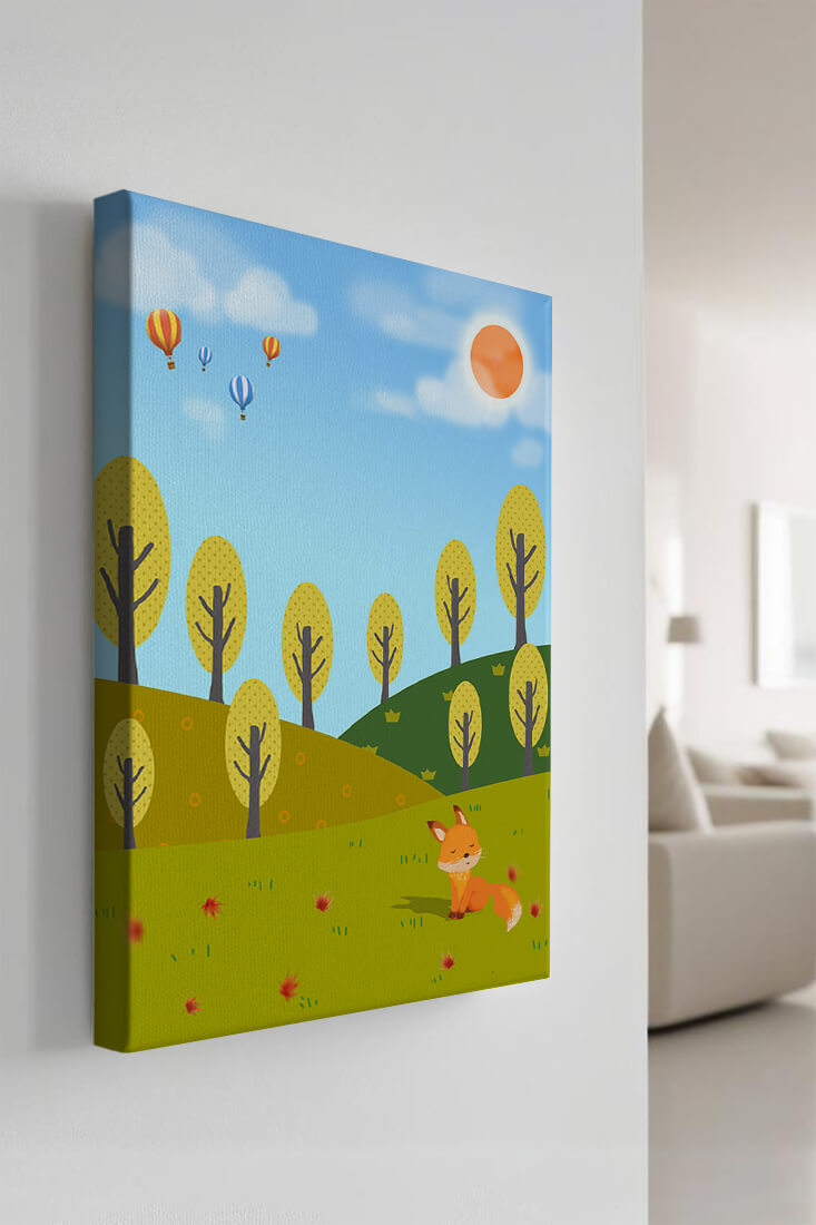 Whimsical landscape with hot air balloons and a fox in autumn scenery