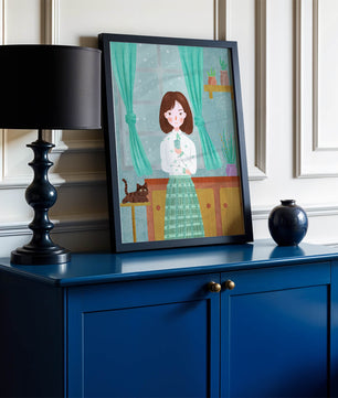 Charming Illustration of Woman and Cat in Cozy Living Room
