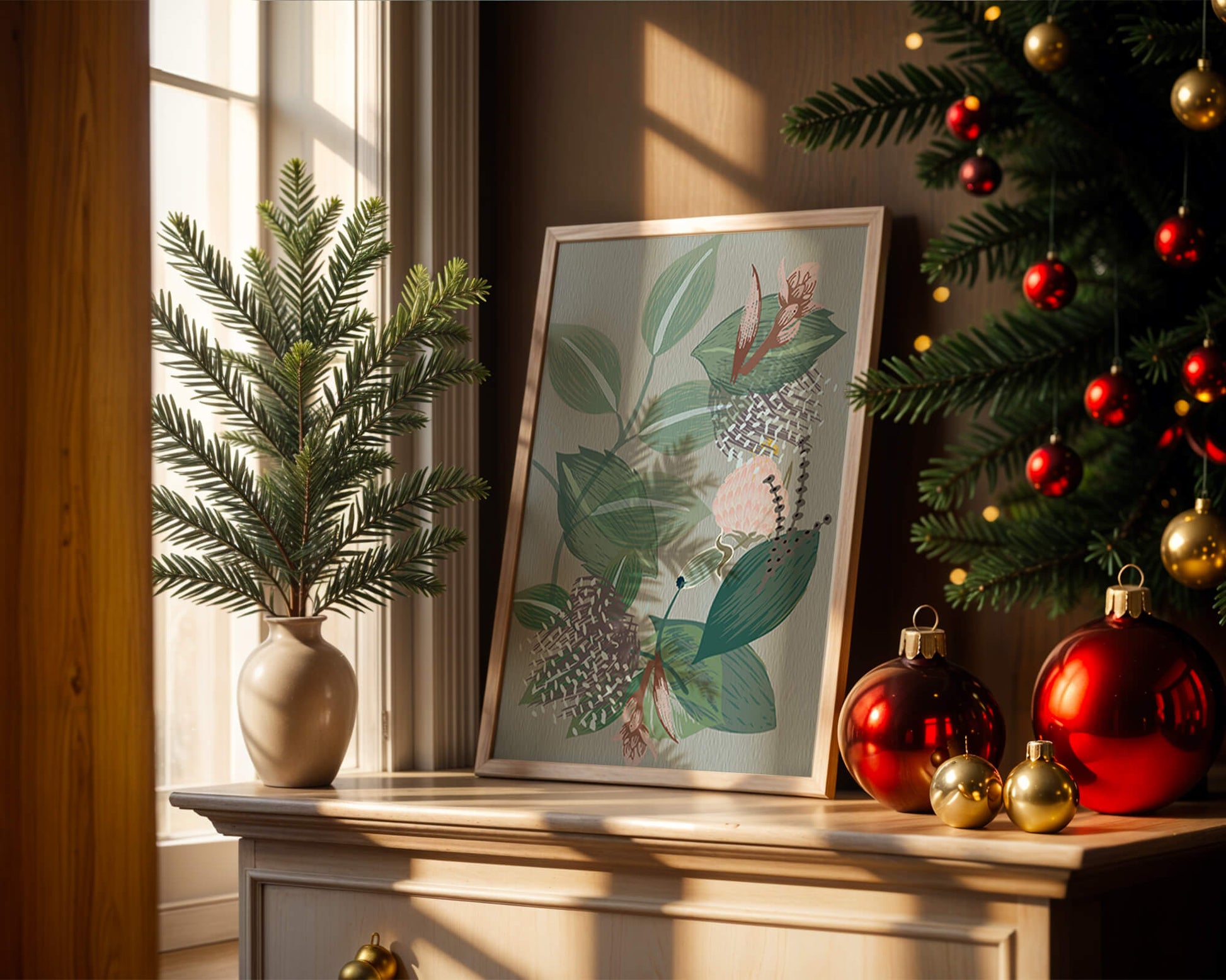 Floral botanical pattern with green leaves and delicate flowers