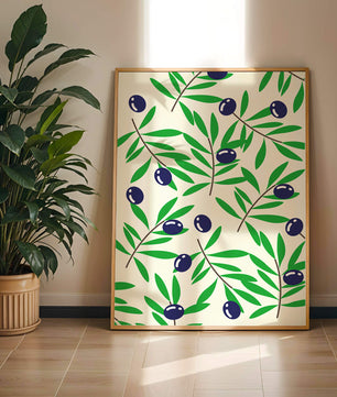 Olive branch pattern with green leaves and blue olives