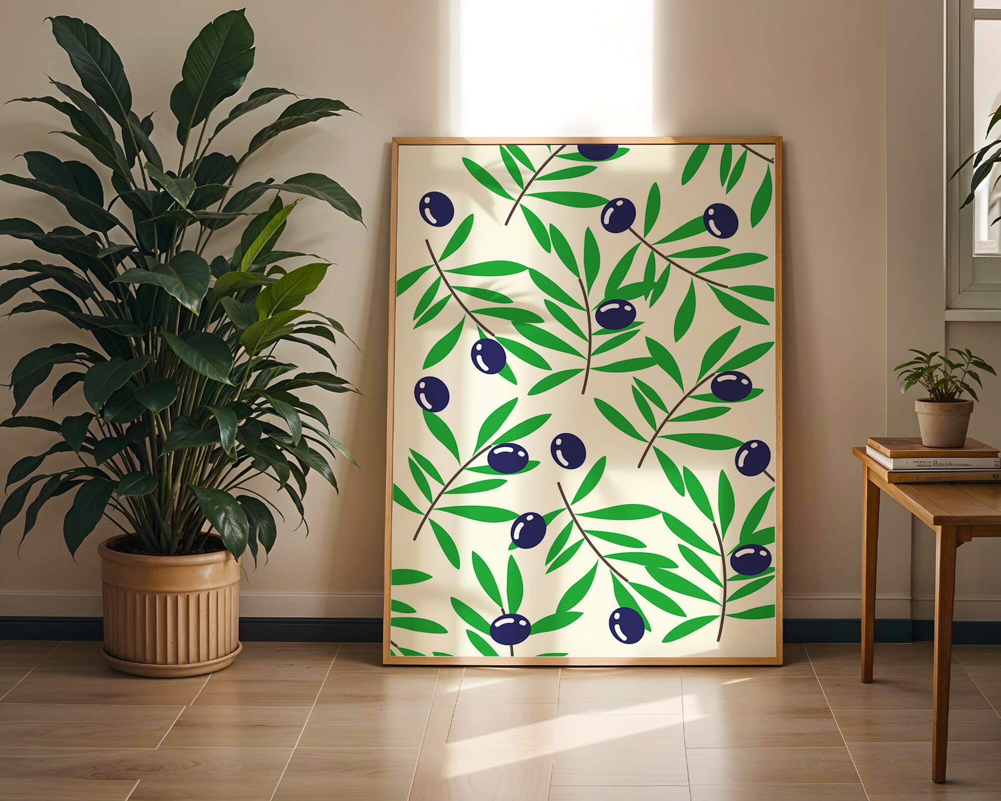 Olive branch pattern with green leaves and blue olives