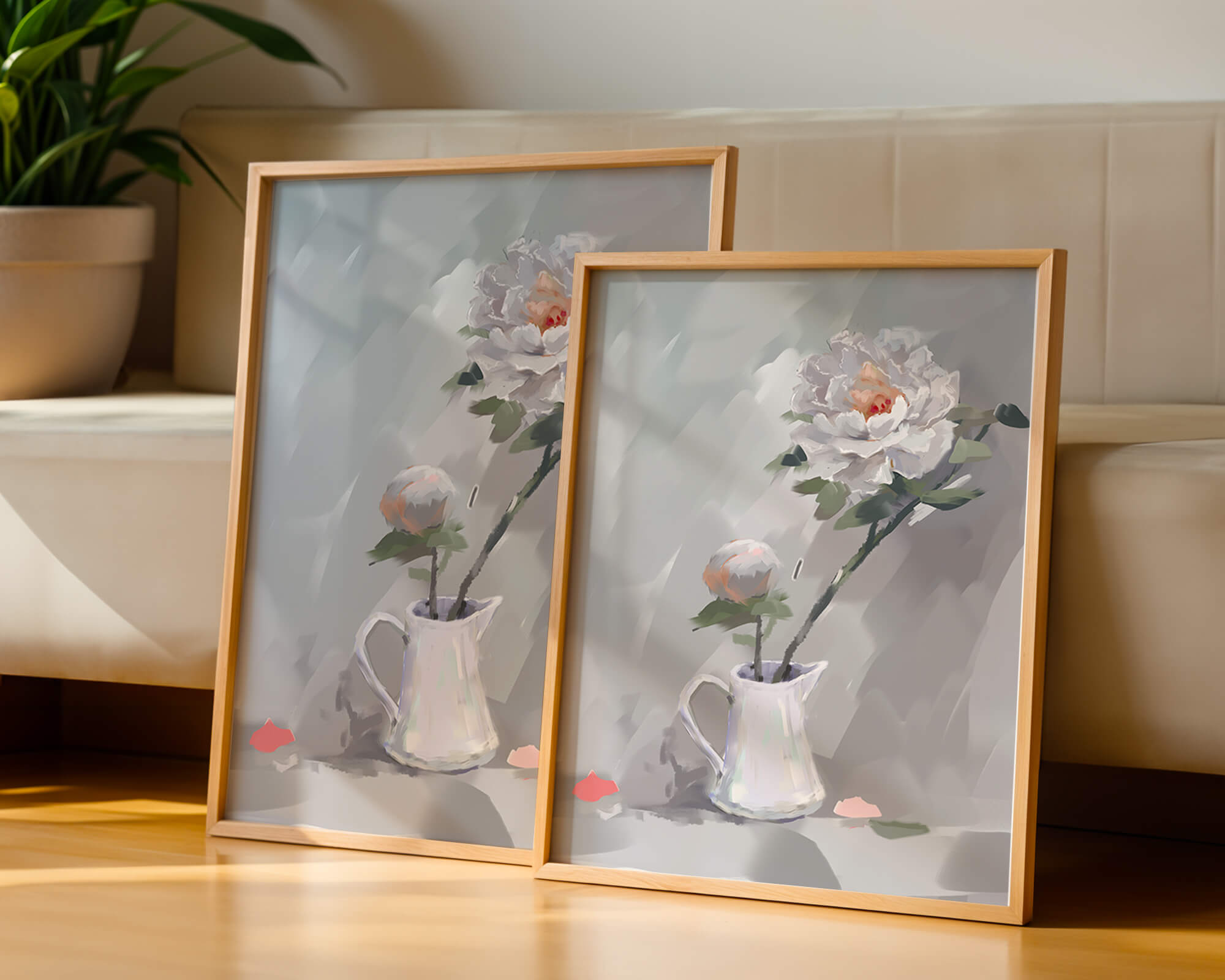 Elegant white peonies in a ceramic jug with soft pastel background