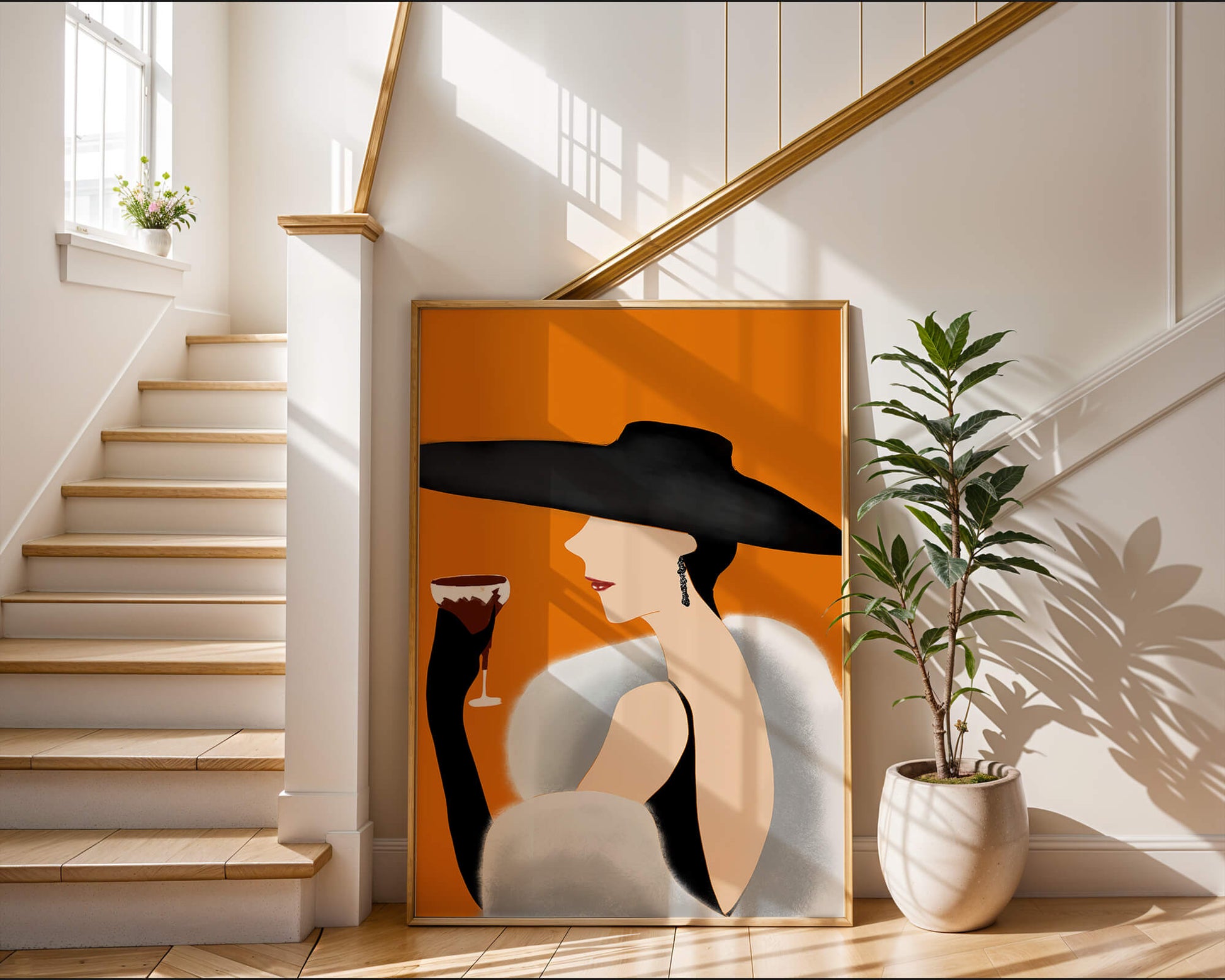 Elegant Woman in Black Hat and White Fur with Wine Glass