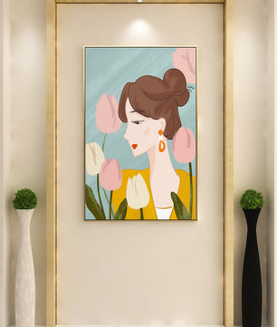 Serene woman surrounded by pastel tulips illustration