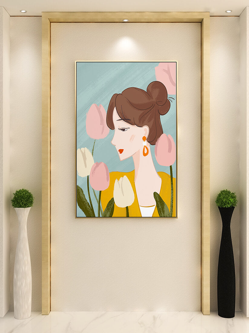 Serene woman surrounded by pastel tulips illustration