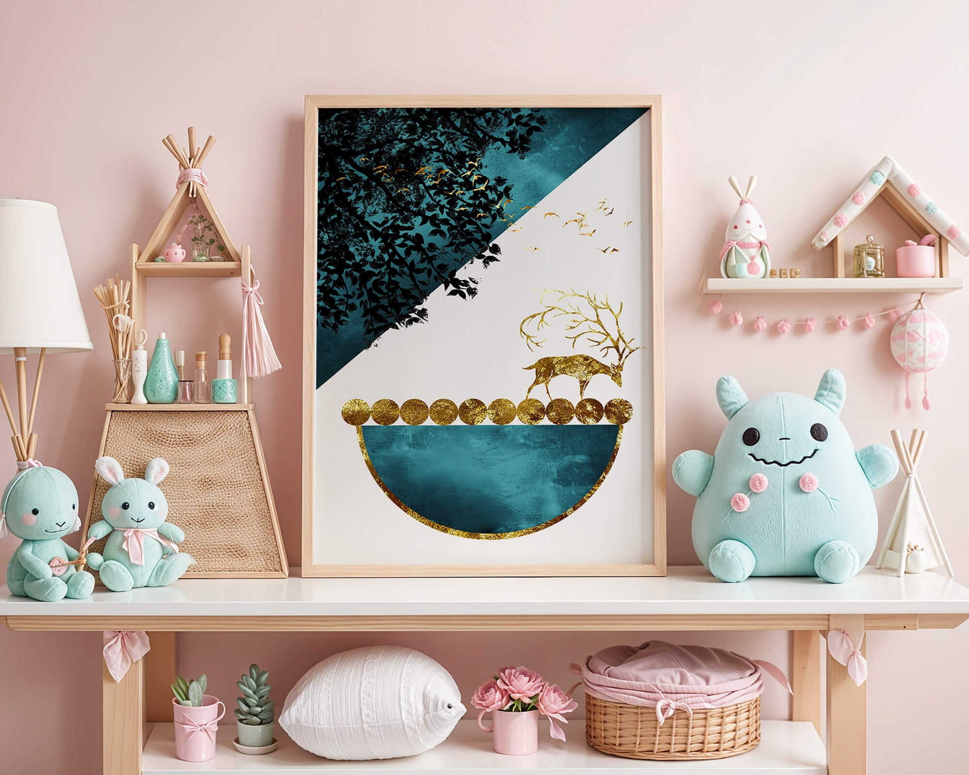 Abstract Deer with Golden Elements in a Mystical Forest Setting