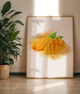 Watercolor depiction of a ripe mango with leaves on textured background