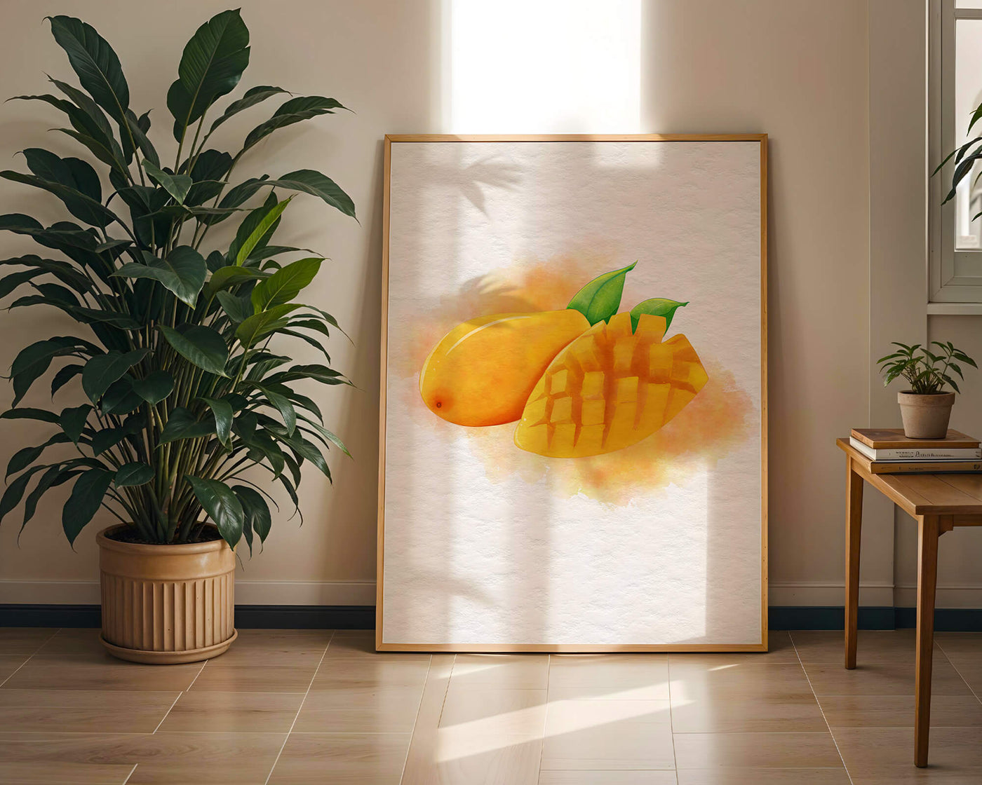 Watercolor depiction of a ripe mango with leaves on textured background