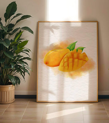 Watercolor depiction of a ripe mango with leaves on textured background